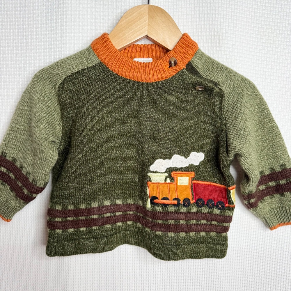 Starting Out Boys Green Train Fall Knit Sweater 12M Orange Trim Shoulder Button